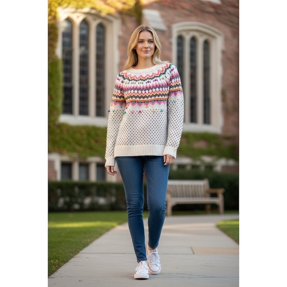 Talbots Cardigan Sweater Womens XL Ivory Fair Isle Pom Pom Button Nordic Yoke